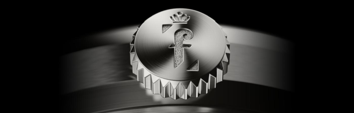 Pininfarina FAQ Page Header, focus on a silver crown of a hybrid smart watch.