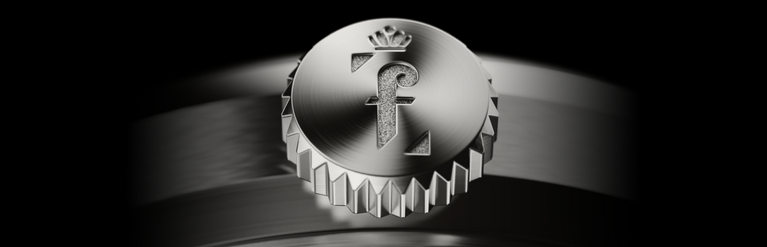 Pininfarina FAQ Page Header, focus on a silver crown of a hybrid smart watch.