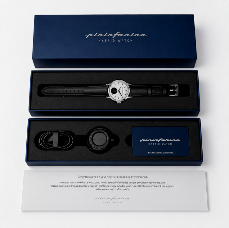 Pinfurarina Hybrid Watch presented in its open navy blue gift box with a black leather strap, alongside a black round watch, black watch components, a branded card, and a white congratulations card on a light gray background.